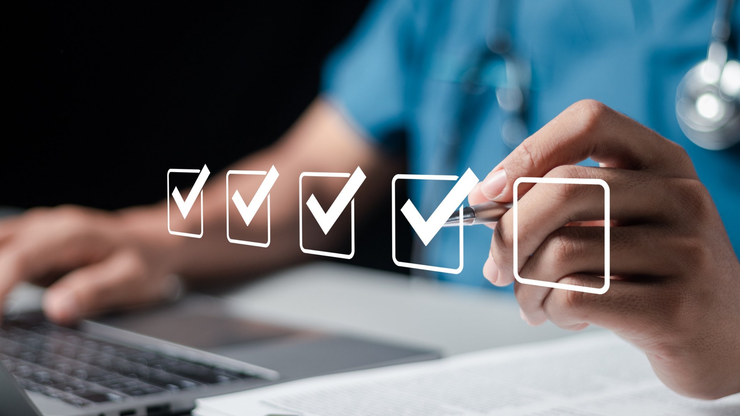 Blue background image of person checking off digital checkboxes